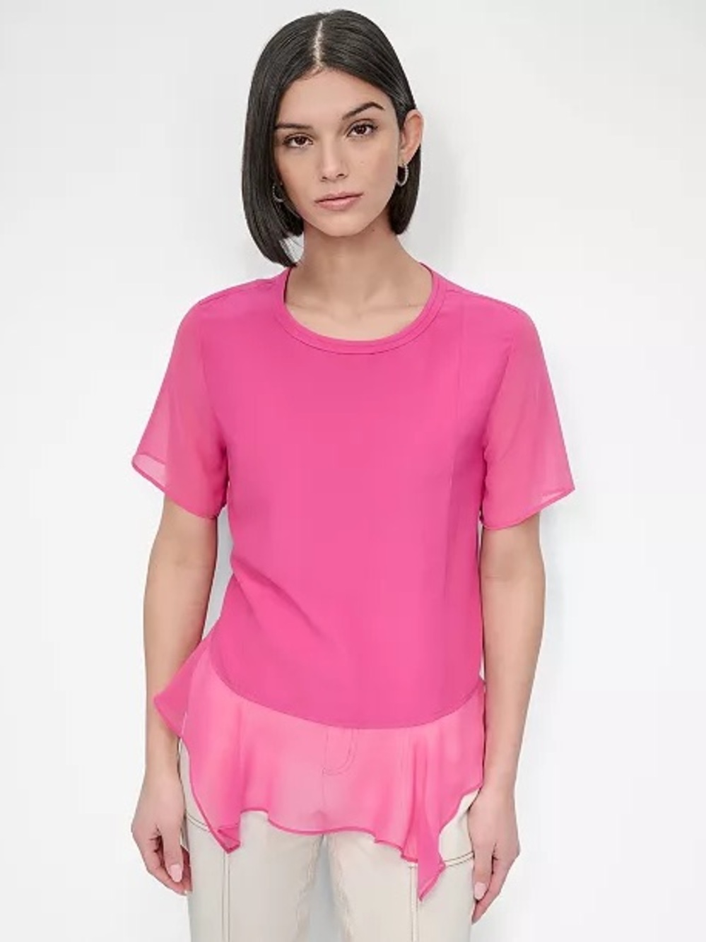 DKNY vivid hot pink handkerchief-hem top size medium NWT
